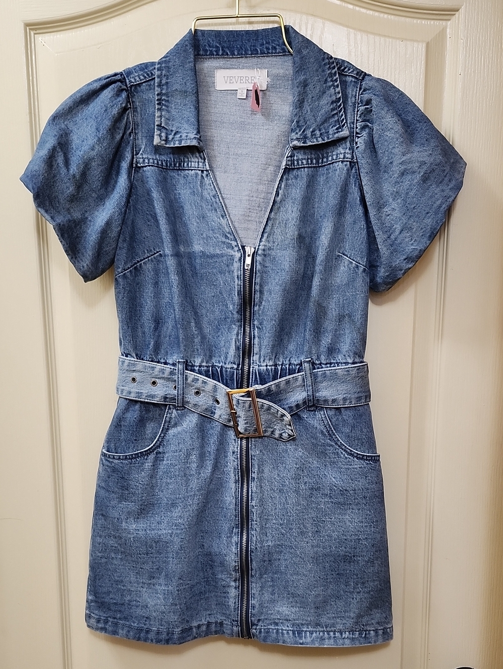 VEVERET WASHED DENIM ZIP-FRONT MINI DRESS WITH BELT